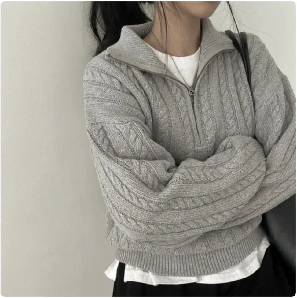 Korean-Style Retro Cable-Knit Zipper Pullover – Casual Long Sleeve Sweater Top